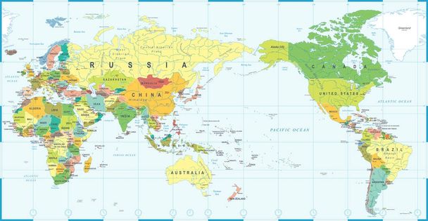 Weltkarte Farbe - Asien im Zentrum - Vektor, Bild