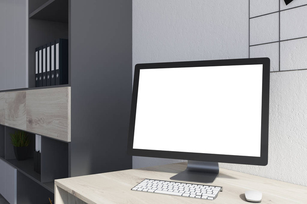 White computer screen on a wooden office table - Φωτογραφία, εικόνα