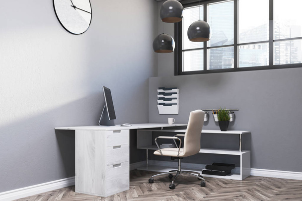 Gray office workplace, clock - Foto, Imagen