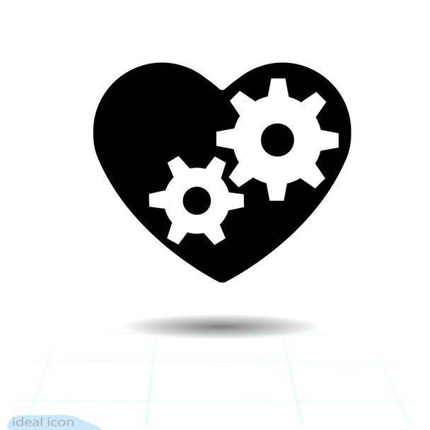 Heart icon. A symbol of love. Valentine s day with the sign of the gears inside. Flat style for graphic and web design, logo. Rotating Parts, vector illustration. - Wektor, obraz