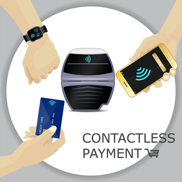 Contactless payments set. POS terminal, smartphone, credit card, - Vector, Image