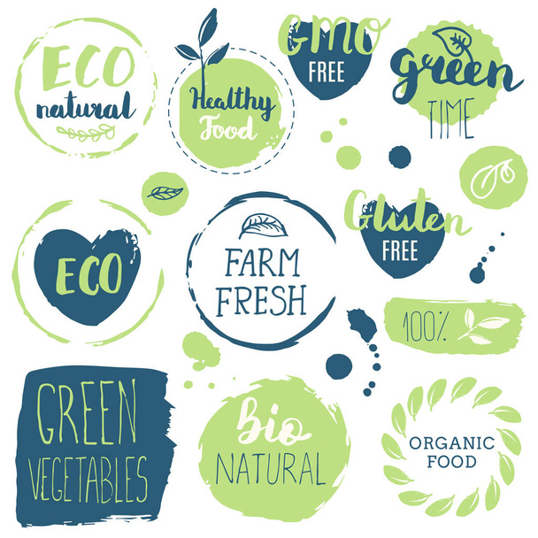 Iconos de comida saludable, etiquetas. Etiquetas orgánicas. Elementos naturales del producto
 - Vector, Imagen