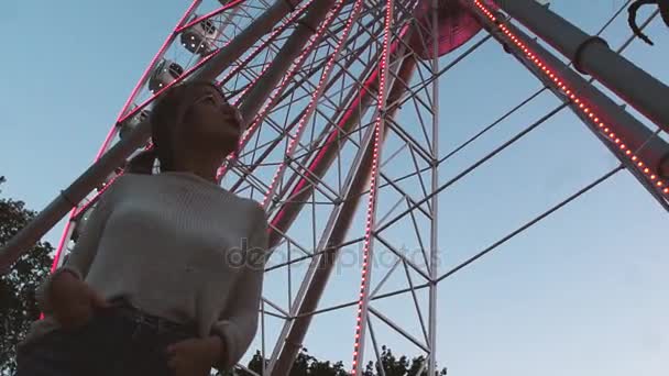 hübsches junges Mädchen in Brille steht unter Riesenrad mit Blinklicht - Filmmaterial, Video