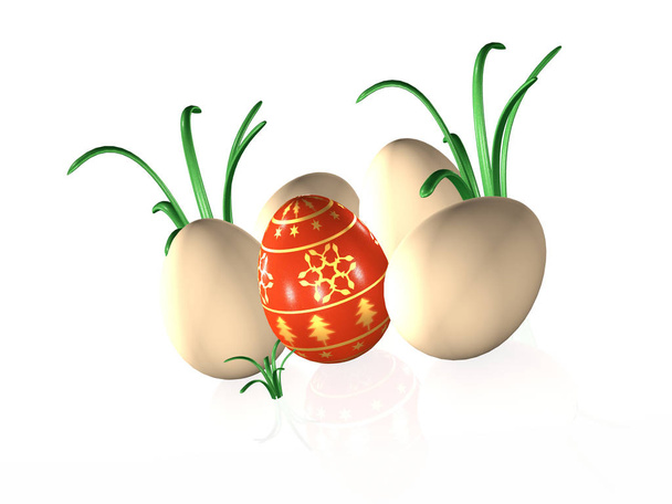Easter and usual eggs on white reflective background, 3D illustration. - Foto, afbeelding