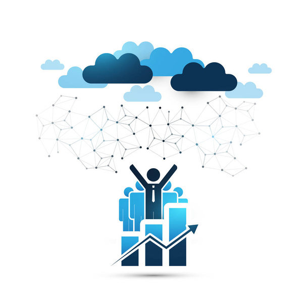 Concept de conception de cloud computing bleu avec des hommes d'affaires heureux - Gestion d'entreprise en ligne, Connexions réseau, Contexte technologique
 - Vecteur, image