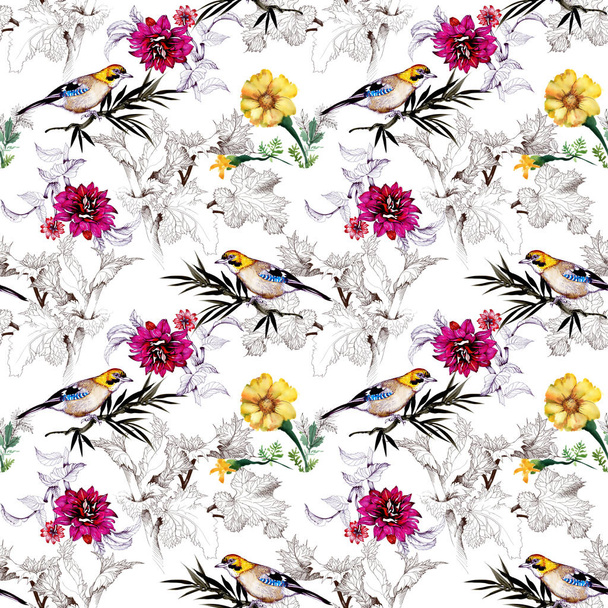 Aquarel hand getekende naadloze patroon met prachtige bloemen en kleurrijke vogels op witte achtergrond. - Foto, afbeelding