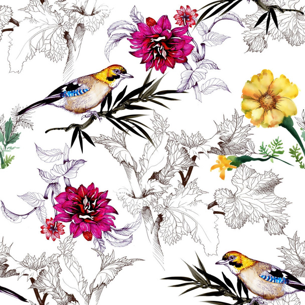 Aquarell handgezeichnet nahtloses Muster mit schönen Blumen und bunten Vögeln auf weißem Hintergrund. - Foto, Bild