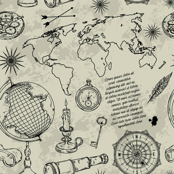Saumaton kuvio, jossa maapallo, kompassi, maailmankartta ja tuuli nousivat. Vintage tiede esineitä asetettu Steampunk tyyliin. Vektoriesimerkki
 - Vektori, kuva