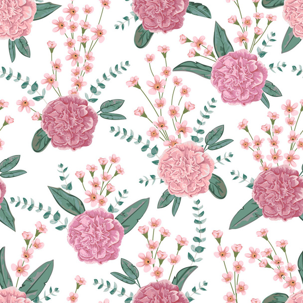 Seamless pattern with carnation flowers, spiral eucalyptus and alstroemeria. Decorative holiday floral background. Vintage vector illustration in watercolor style - Vettoriali, immagini