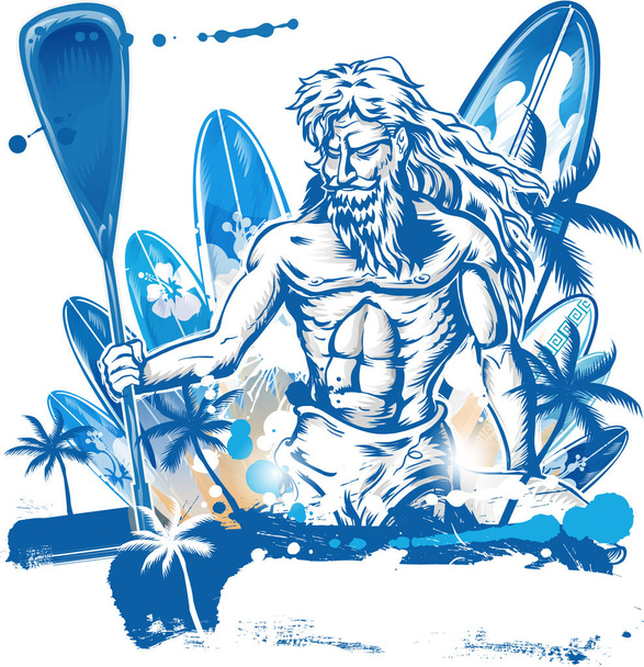 Poseidon plas surfer op surfplank hand tekenen  - Vector, afbeelding