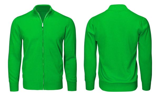 Порожній шаблон чоловічого зеленого светру з довгим рукавом, спереду і ззаду, ізольований білий фон з відсічним контуром. Дизайнерський макет пуловер для друку
.   - Фото, зображення