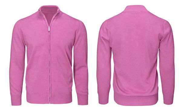 Порожній шаблон чоловічий рожевий светр з довгим рукавом, спереду і ззаду, ізольований білий фон з відсічним контуром. Дизайнерський макет пуловер для друку
.   - Фото, зображення