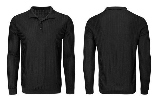 Blanko-Vorlage Herren schwarzes Poloshirt langärmelig, Vorder- und Rückansicht, isolierter weißer Hintergrund mit Clipping-Pfad. Design Sweatshirt-Attrappe für Druck. - Foto, Bild