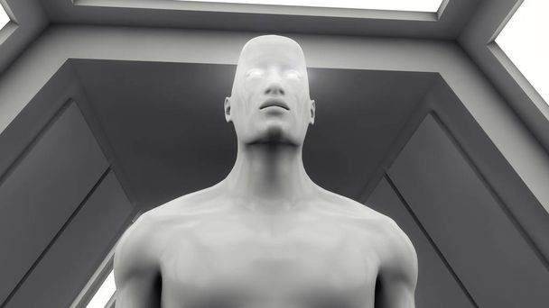 3D render. İnsansı baş ve fütüristik Oda - Fotoğraf, Görsel