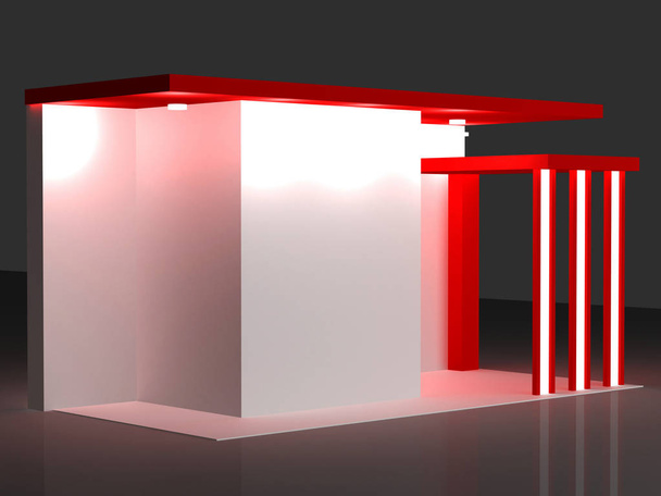 rode en witte ronde booth met vlaggen. 3D-rendering ontwerp - Foto, afbeelding