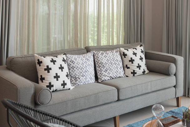 modern grey sofa in modern living room style with set of pillows, interior design concept - Photo, Image