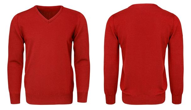Порожній шаблон чоловічий червоний светр з довгим рукавом, спереду і ззаду, ізольований білий фон з відсічним контуром. Дизайнерський макет пуловер для друку
.   - Фото, зображення