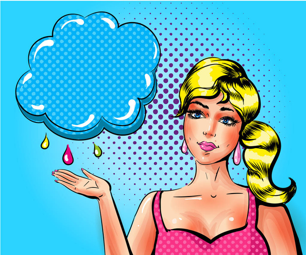 Vecteur pop art femme triste montrant nuage avec des gouttes de pluie
 - Vecteur, image