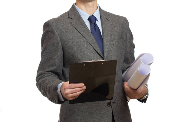 businessman in a gray suit with a report and a document tablets - Foto, immagini