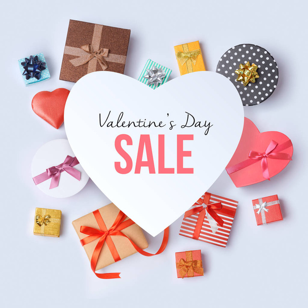 Valentines day sale concept. Gift boxes for sale banner design. Top view. Flat lay - Foto, imagen