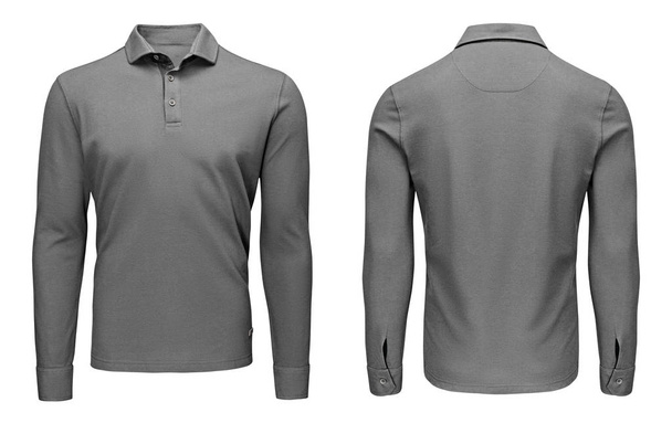 Blank template mens grey polo shirt long sleeve, front and back view, isolated white background with clipping path. Design sweatshirt mockup for print. - Photo, Image