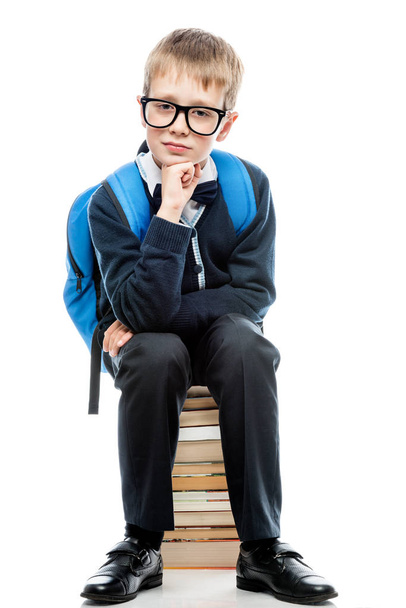 Porträt eines Schuljungen mit Brille, der auf einem Stapel Bücher sitzt  - Foto, Bild
