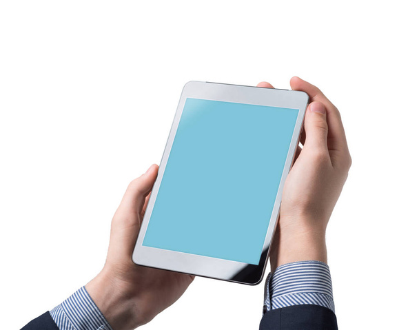 Maquette d'un homme tenant un appareil tablette numérique
 - Photo, image