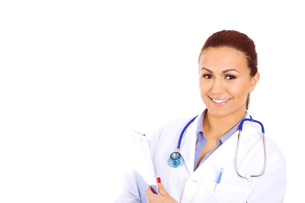 Cheerful young doctor posing on white - Foto, imagen