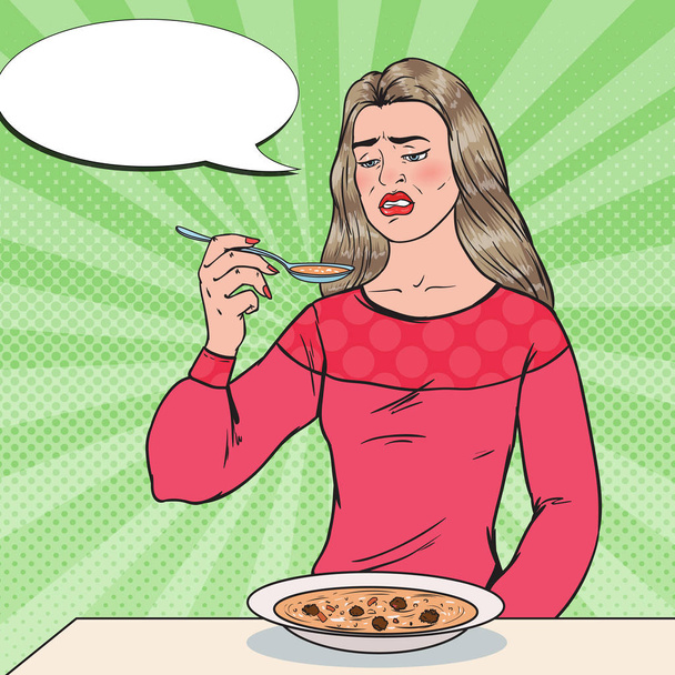 Pop Art vrouw eten van soep met walgelijk gezicht. Smakeloos eten. Vectorillustratie - Vector, afbeelding