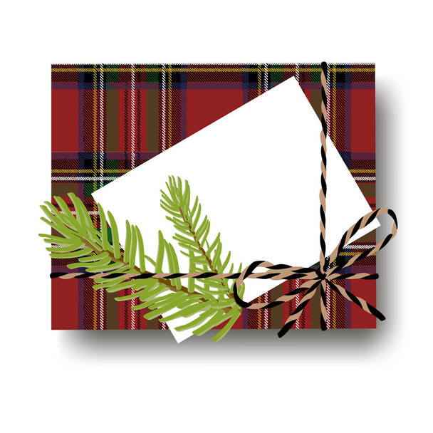Checked tartan plaid gift present box with tied string bow and a fir tree branch and blank note with copy space. Wrapping diy idea. Vector illustration. Top view - Vector, Image