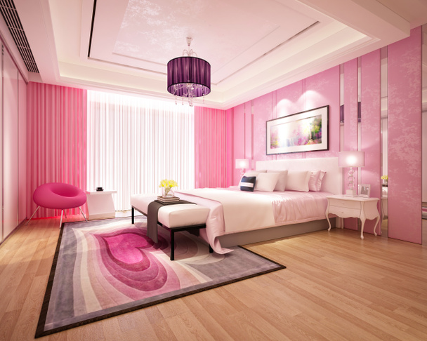 3d render of luxury hotel room in pink style - Photo, Image