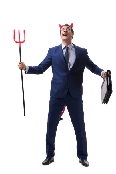 Evil devil businessman with pitchfork isolated on white backgrou - Photo, Image
