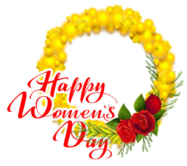 Happy womens day text greeting card. Yellow mimosa and red rose flower. Acacia flower wreath symbol of International Womens Day - Vecteur, image