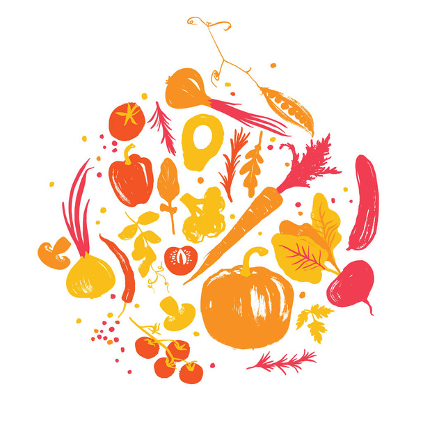 Amarelo-vermelho colorido vário de verduras em um círculo. Colheita de outono. Produtos do mercado agrícola
.  - Vetor, Imagem
