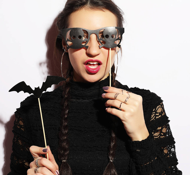 girl ready for party, over white  background, halloween concept - 写真・画像