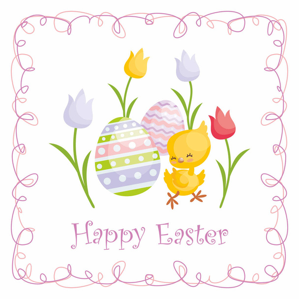 Easter greeting card with the image of cute chick and painted eggs. Vector illustration. - Vetor, Imagem