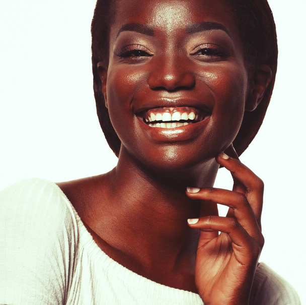 Close up portrait of beautiful young black woman laughing - Foto, imagen
