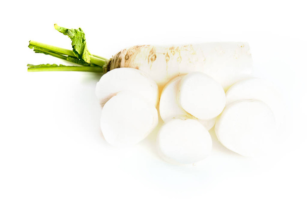 Fresh white radish with slices isolated on white background - Photo, Image