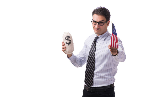 Молодий бізнесмен з американським прапором і грошовим мішком на білому
 - Фото, зображення