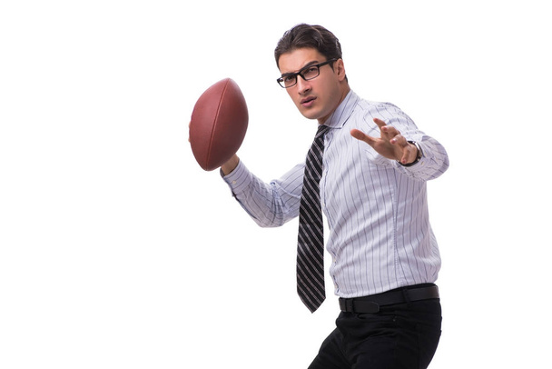 Mladý podnikatel s americkým fotbalem izolovaný na bílém - Fotografie, Obrázek