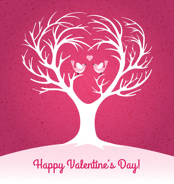 Happy Ημέρα του Αγίου Βαλεντίνου κάρτα με σχήμα καρδιάς δέντρο και 2 lovebirds - Διάνυσμα, εικόνα