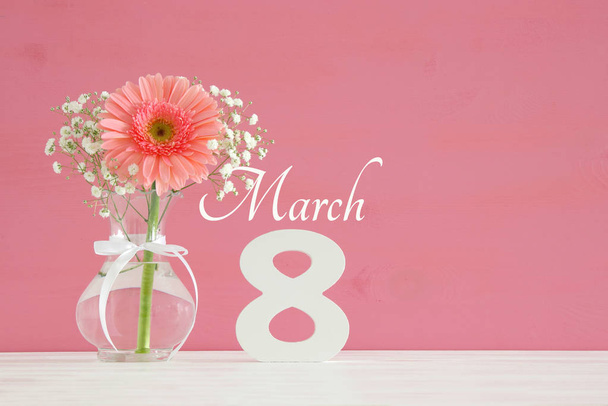 Image of International women day concept with beautiful flower in the vase on wooden table. - Fotoğraf, Görsel