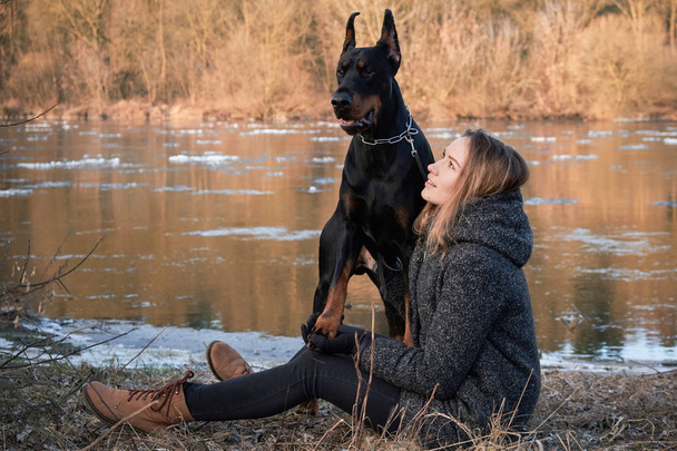portrait of beautiful young woman with her doberman dog. Warm natural color. - 写真・画像