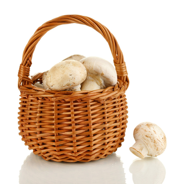 Fresh mushrooms in basket isolated on white - Φωτογραφία, εικόνα