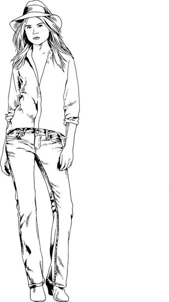 bella ragazza magra in abiti casual, disegnato con inchiostro a mano su uno sfondo bianco - Vettoriali, immagini