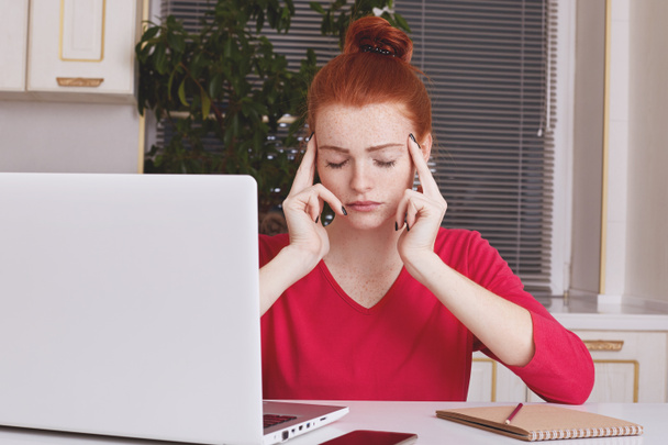 Concnetrated tired female student has freckled skin, red hair tied in knot, sits in front of opened laptop over kitchen interiror, being tired after long hours of studying, prepares for final exam - 写真・画像