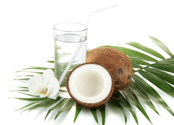 Coconuts with glass of milk, isolated on white - Foto, Imagem