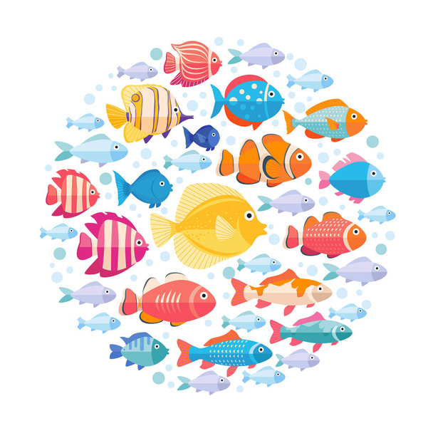 Colorful aquarium fish set in circle vector isolated. Tropical fishes collection - Vector, afbeelding