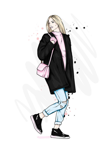 Beautiful girl in a stylish coat, jeans and shoes. Vector illustration for a postcard or a poster. Fashion and style, clothing and accessories. Bouquet of tulips, spring and March 8. - Διάνυσμα, εικόνα