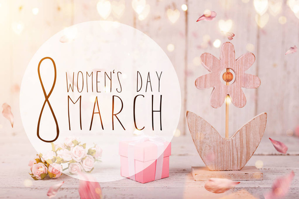 Flowers composition for Womens Day. Pink flowers on old white wooden background. - Photo, Image
